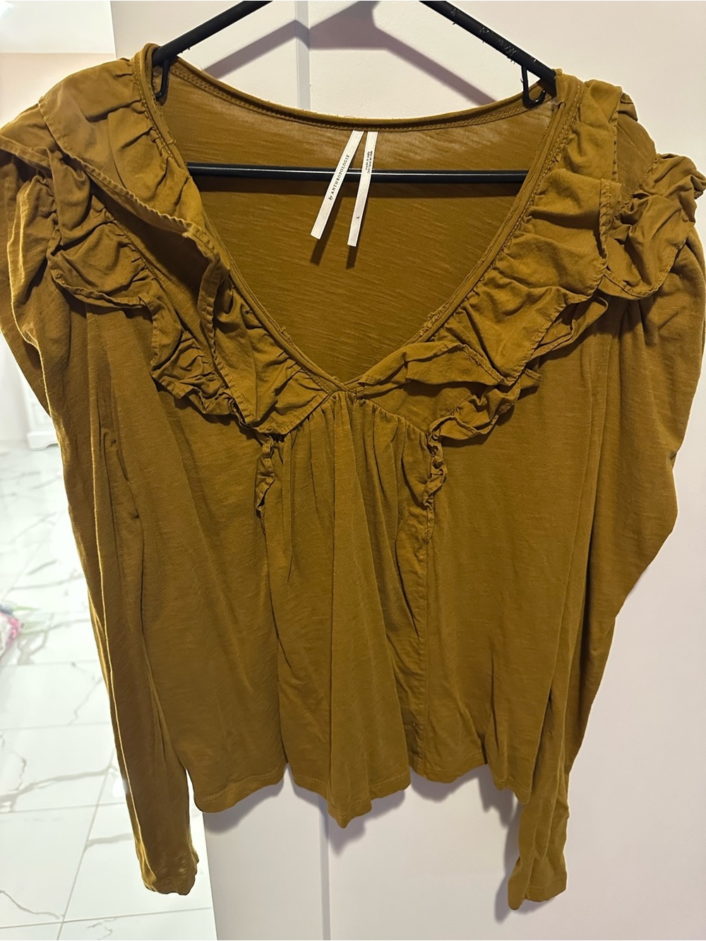 Anthropologie Ruffled V-Neck Long Sleeve Top - Mustard
